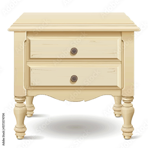 Creamy bedside table with two drawers and decorative round knobs