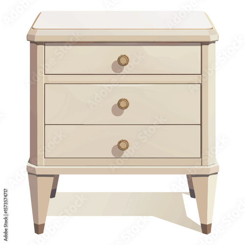 Creamy ThreeDrawer Nightstand with Round Knobs and Tapered Legs