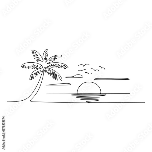 A drawing of a palm tree and a sunset
