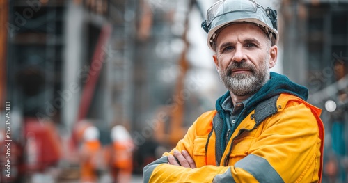 Construction worker in safety gear on site with arms crossed confidently overseeing project; focus on expertise and industrial oversight.