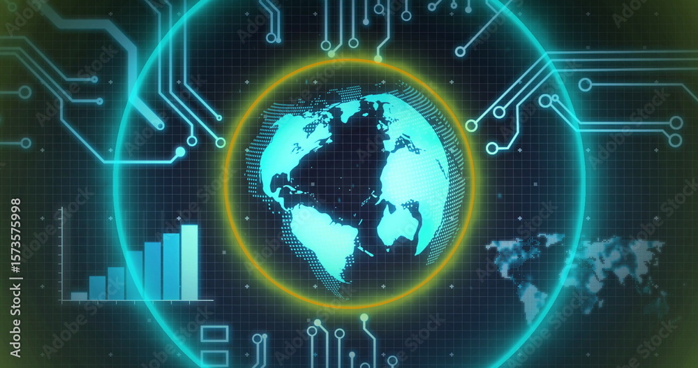 Obraz premium Displaying neon-blue Earth globe on virtual interface, with rings, grid and bar chart