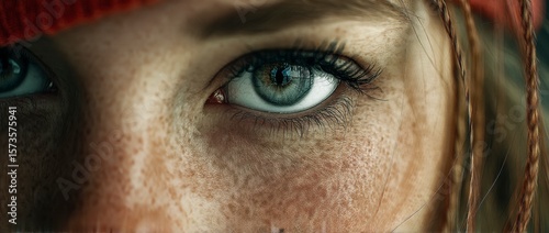 Focused macro shot of a captivating green eye surrounded by delicate freckles and natural beauty. Intense gaze and intriguing detail.
