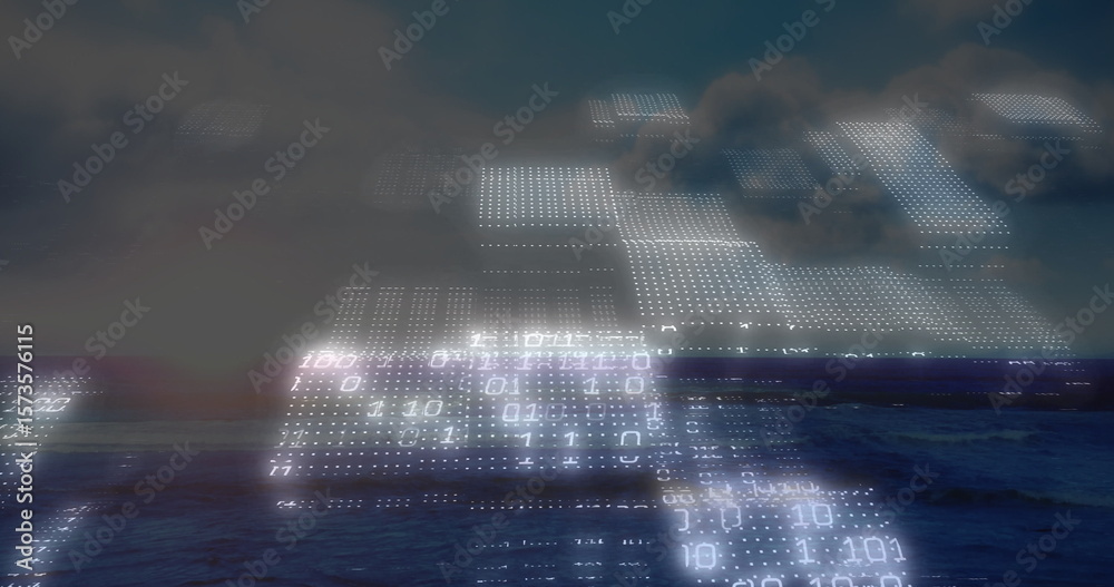 Obraz premium Displaying translucent digital grid panels hovering over open ocean, with glowing binary digits