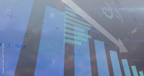 Declining vertical bars sliding down across screen, with curved line graph, arrow and percentages
