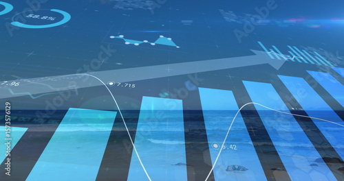 Displaying data overlaying ocean, showing bars and line graph, progress circle, arrow