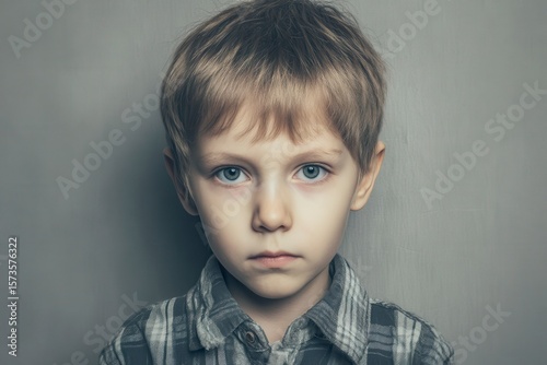 Portrait of a young boy with light brown hair and intense blue eyes. He wears a grey and white plaid shirt in front of a grey backdrop.