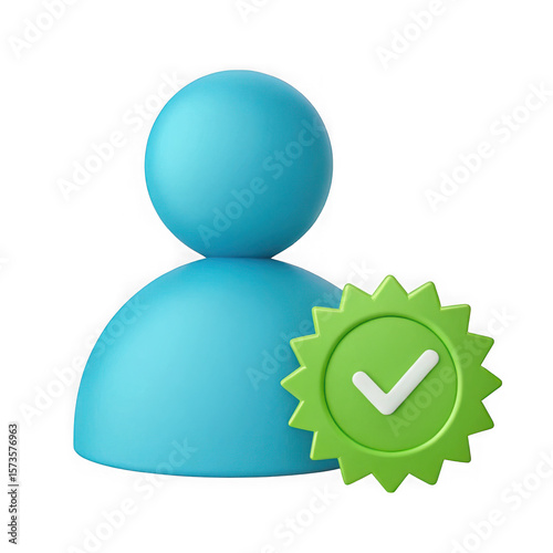 Blue user icon with a green verification badge on a black background rendered in d rendering style on transparent background