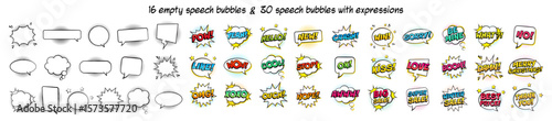 Set of 46 comic-style speech bubbles: 16 empty bubbles and 30 expressive ones with popular words like "WOW", "OMG", "HELLO", "LOVE", "NOPE", "BOOM", and "SALE". Perfect for comic books, pop art design