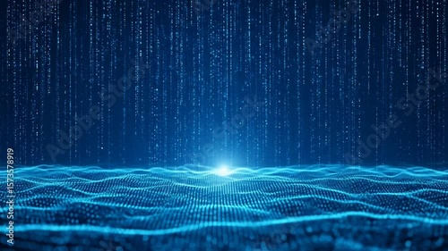 Digital Data Stream: Abstract Blue Particles Flowing Over Wavy Surface, Technology Background
