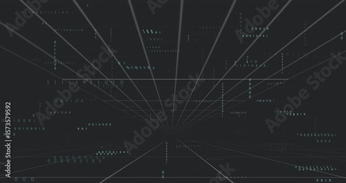 Starting 3D data tunnel, grid lines converging as binary digits shifting, fading, showing data flow
