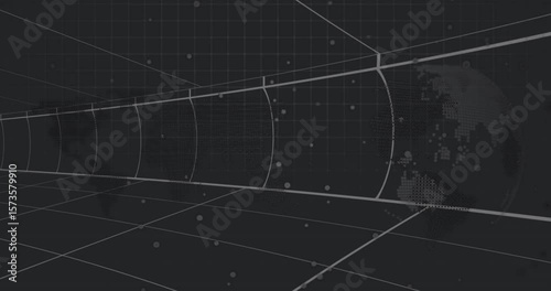 Grid tunnel opening sending dots drifting globe forming then rotating visualizing digital world
