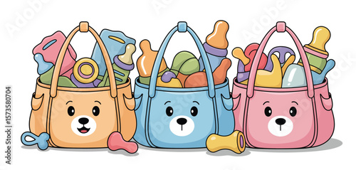 Three cute cartoon baby bags filled with bottles and toys in pastel colors