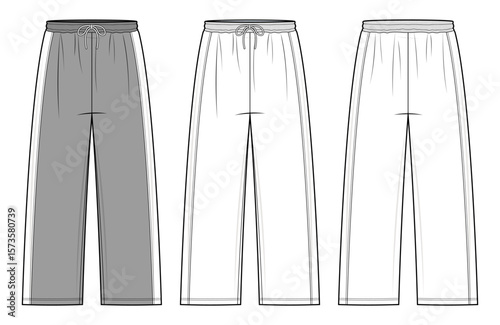 High-Waisted Sweatpants Technical Fashion Illustration. Relaxed Fit Joggers Vector Template. Straight-Leg Cut. Elastic Waistband with Drawstring. Front and Back design . Unisex Loungewear. CAD Mockup.