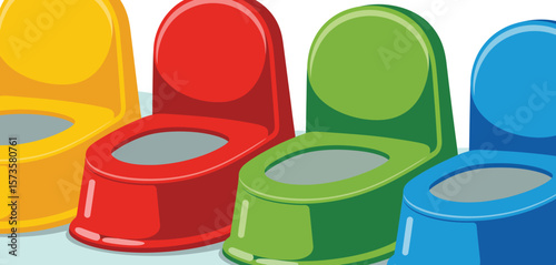 Four colorful potty chairs lined up for toddler potty training