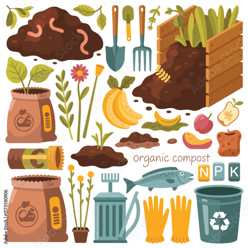 Gardening and composting elements including soil worms plants tools and organic materials