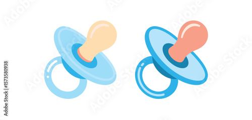 Two modern flat design baby pacifiers with blue shields and different colored nipples