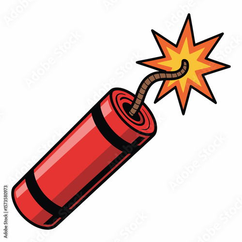 Cartoon illustration of a red dynamite stick with a lit fuse and explosion