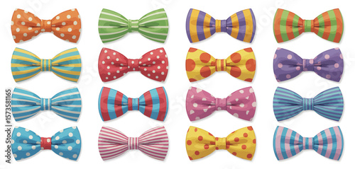 Collection of sixteen colorful bow ties with various patterns and stripes