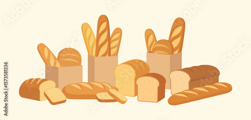 Assortment of freshly baked bread and baguettes in paper bags
