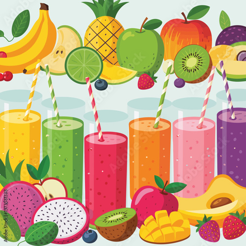 Colorful assortment of fresh fruit smoothies and whole fruits in a vibrant illustration