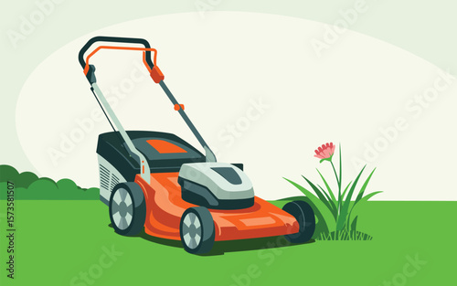 Modern orange lawn mower parked on green grass next to a pink flower