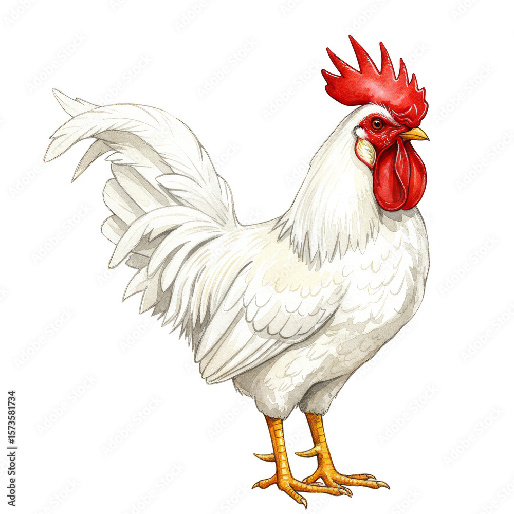 Fototapeta premium Illustration of Standing White Rooster with Detailed Feathers Isolated