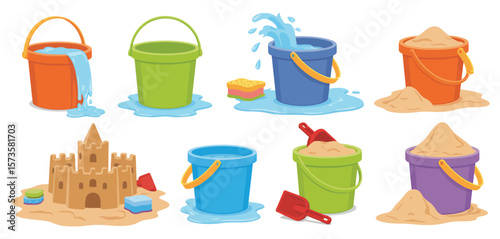 Collection of colorful beach buckets filled with sand and water with a sandcastle
