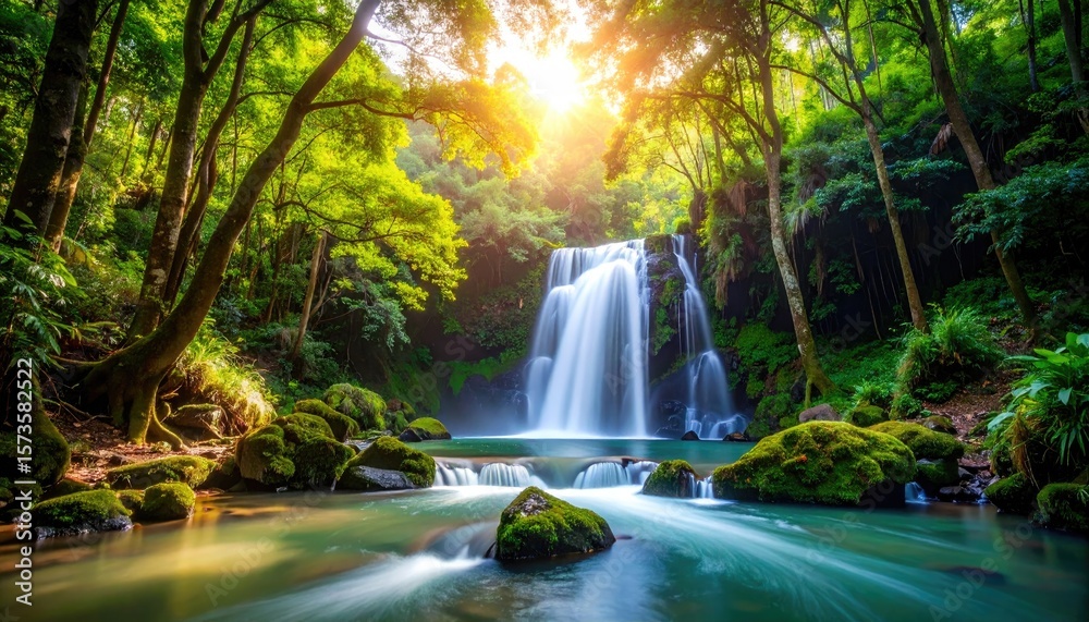 Fototapeta premium Lush waterfall in a vibrant forest