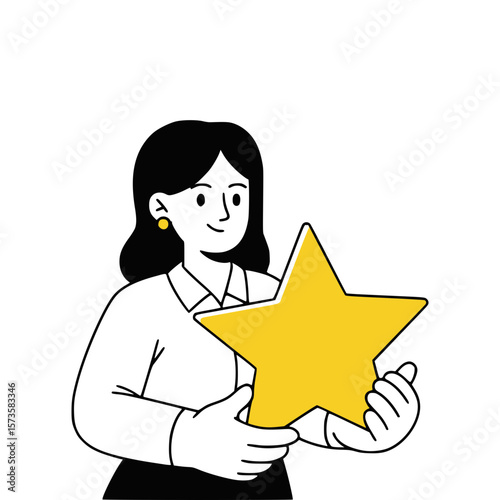 Cartoon Outline Vector of Person Holding a Yellow Star, Symbolizing Positive Feedback, Appreciation, or Recognition