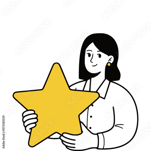 Cartoon Outline Vector of Person Holding a Yellow Star, Symbolizing Positive Feedback, Appreciation, or Recognition