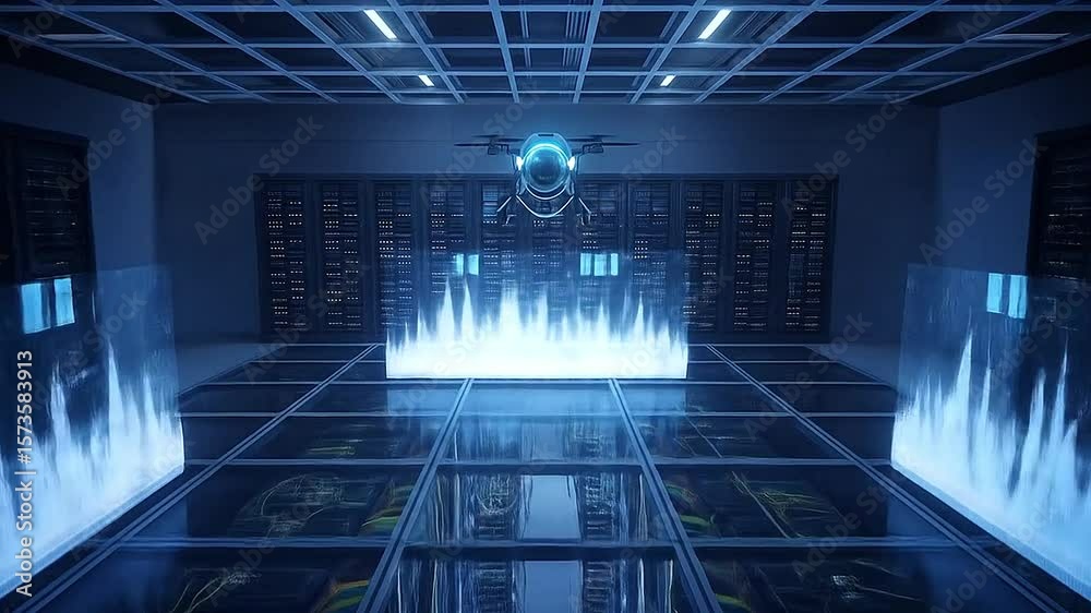 Glass-floored server space with pulsing holograms and security drones flying overhead