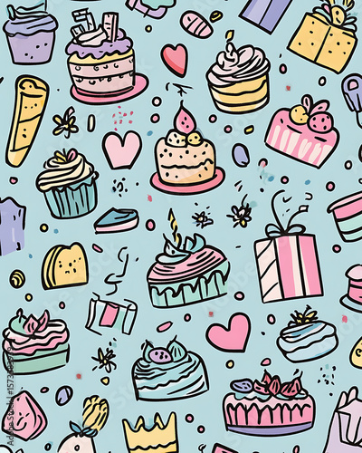Whimsical and festive birthday-themed illustrations featuring cakes, cupcakes, gift boxes, balloons, party decorations, confetti, and celebratory elements in a playful doodle style.