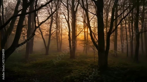 Sunlight Filtering Through Trees In Forest During Sunset With Golden Hues And Mist