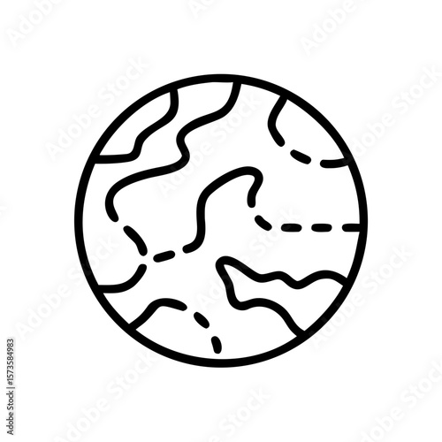 A simplistic black and white line art representation of globe icon featuring continents and oceans, perfect for design and informational graphics.