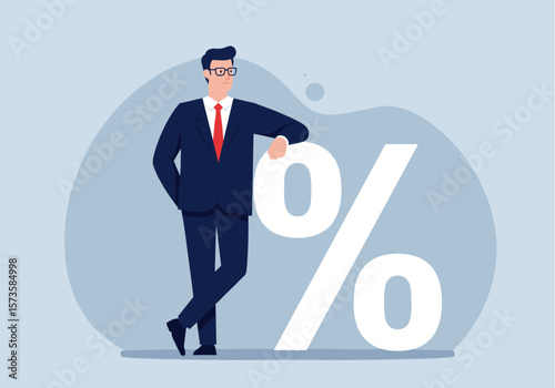 A confident businessman in a stylish suit leans casually against a large white percentage symbol, representing financial concepts or special offers.