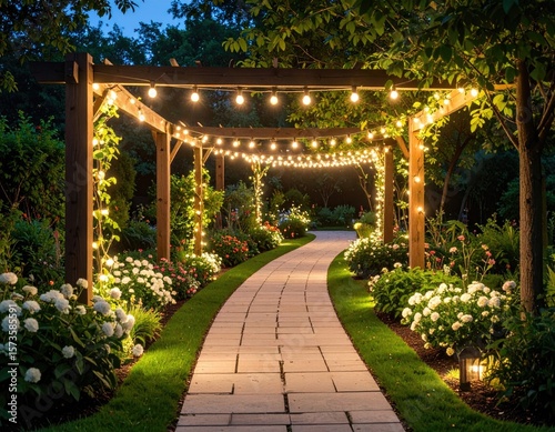 Evening garden pathway with string lights