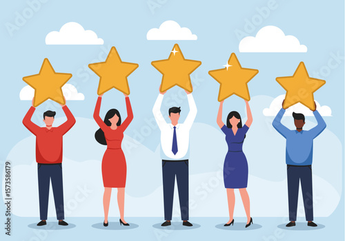 Diverse group of people holding golden stars to represent excellent customer feedback and high satisfaction ratings in a positive environment.