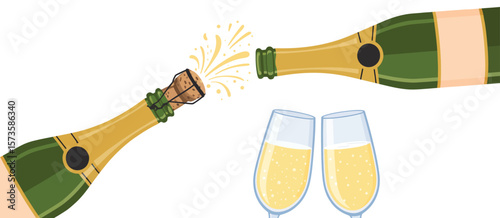 Champagne Bottle Popping Cork with Champagne Glasses