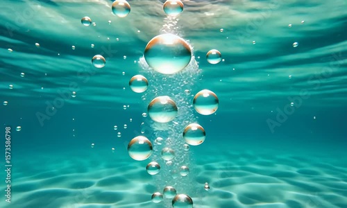 Underwater Bubbles Ascend in Serene Turquoise Water, Sunlit Seabed Caustics, Tranquil Ambience