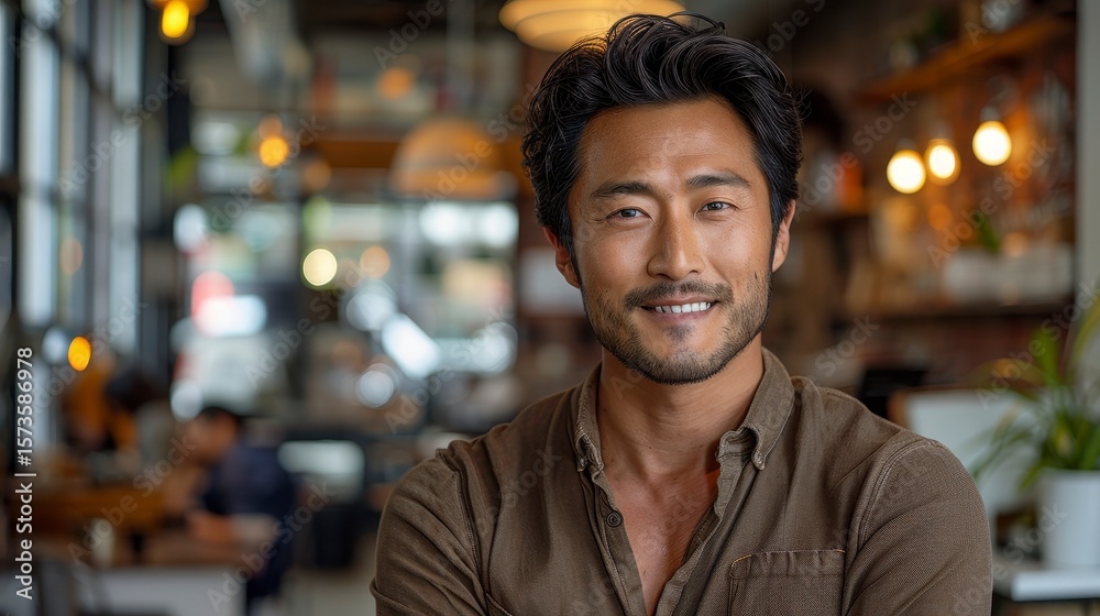 Fototapeta premium Smiling handsome man, dark hair, brown shirt, stands indoors in blurry cafe setting