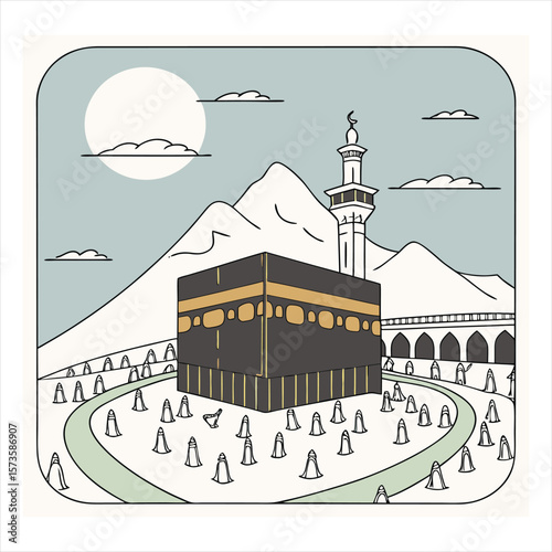 Stylized illustration of the kaaba in mecca with mountains and a mosque minaret