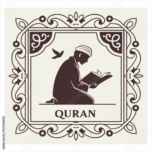 Muslim man kneeling and reading the holy quran within an ornate decorative frame