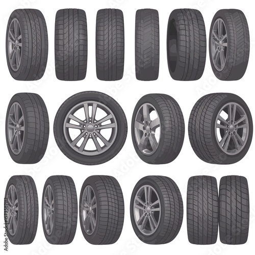 Collection of various car tires and wheels on a white background