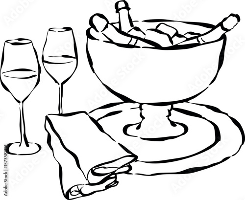 Copas y cubitera dibujadas a mano. Ilustración de bebidas para invitación, papelería o branding. Icono de brindis y celebración. Garabato de Paisaje de mesa.
