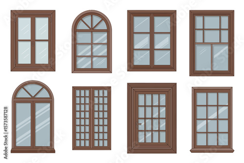 Collection of various brown wooden framed windows and doors with glass panes