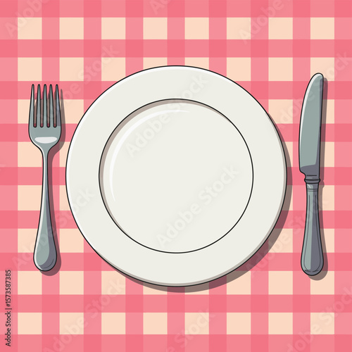 A white plate with a fork and knife set on a pink checkered tablecloth