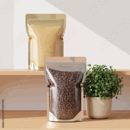 Clear Stand Up Pouches Filled with Coffee Beans and Rice