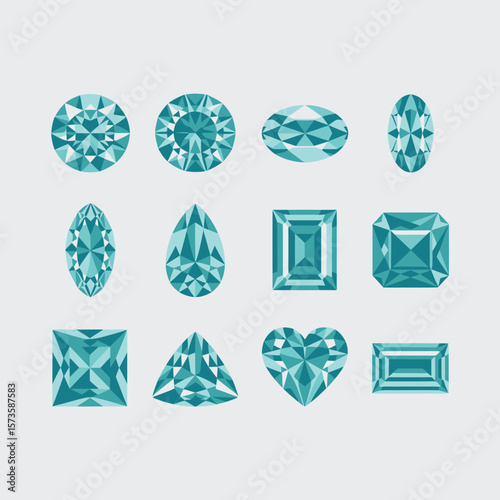 Collection of various geometric cut blue gemstones on a light gray background