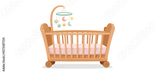 Wooden baby crib with a mobile featuring moons stars and planets