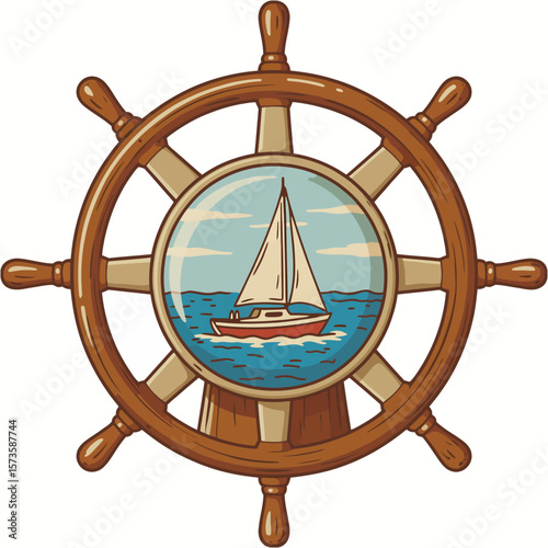 Vintage Ship Steering Wheel with Sailing Boat